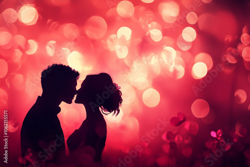 A loving couple kissing on Valentine's Day during celebrating party