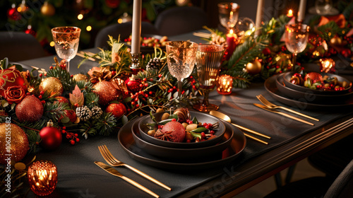 vibrant holiday table covered with festive table setting, featuring elegant plates, sparkling glassware, and beautiful decorations. warm ambiance creates joyful atmosphere for gatherings