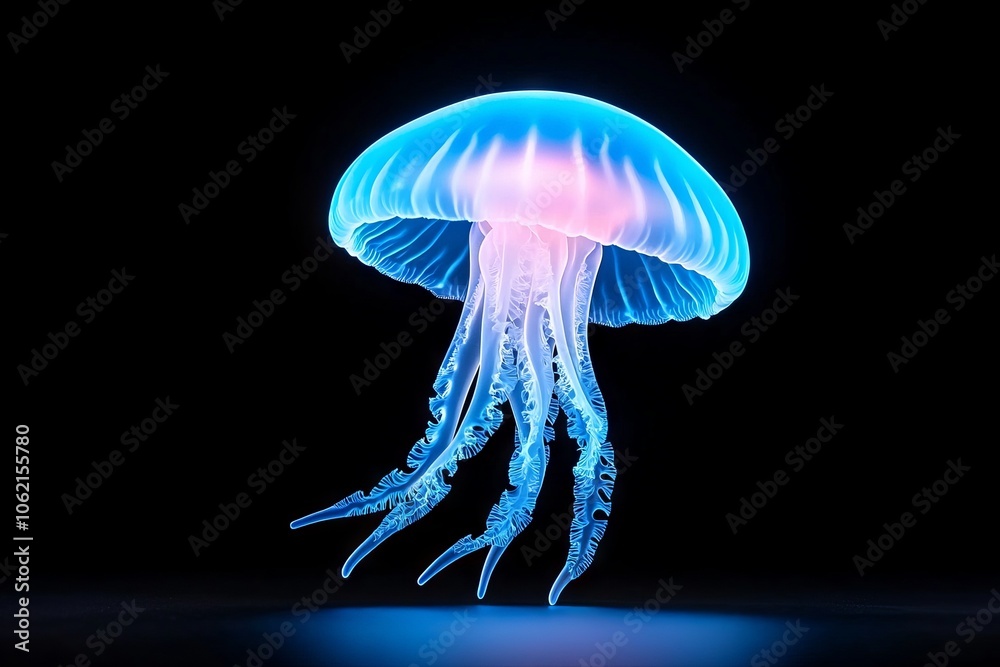 A long jellyfish, a macro view of a blue underwater scene, and ultraviolet light A long jellyfish, a macro view of a blue underwater scene, and ultraviolet light