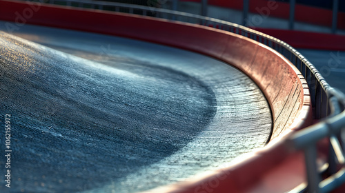 A polished red bobsleigh track with banked curves, surrounded by steel barriers and illuminated under artificial lighting.