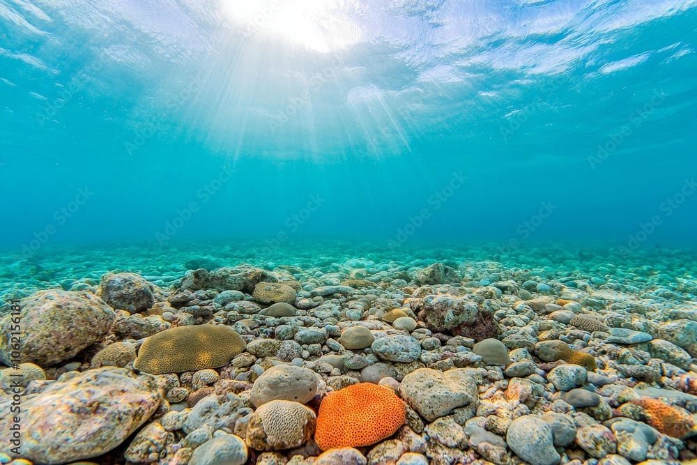 Underwater canyon in the reef with sunlight, Pacific ocean, French Polynesia, natural scene Underwater canyon in the reef with sunlight, Pacific ocean, French Polynesia, natural scene