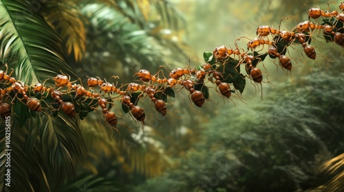 A Line of Ants Crossing a Leaf in a Lush Rainforest photo