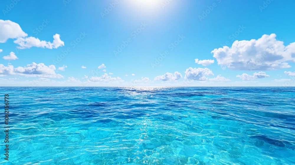 Fototapeta premium The ocean is surrounded by clouds and sunlight and a stunning horizon splits the sky. There is also space to insert ads in the copy of the image.
