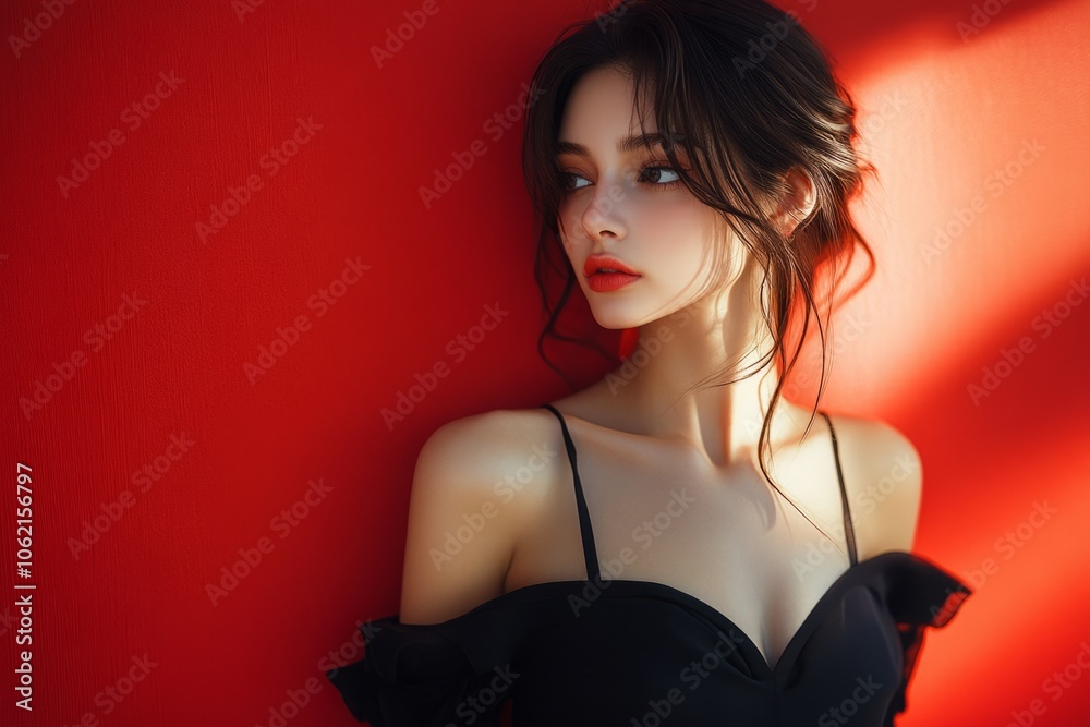 Fashion model posing with red lipstick and elegant black dress against red background Fashion model posing with red lipstick and elegant black dress against red background