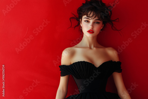 Fashion model posing with red lipstick and elegant black dress on red background