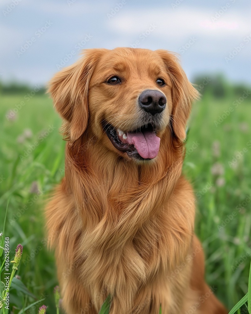 Obraz premium Golden retriever smiling in a lush green meadow