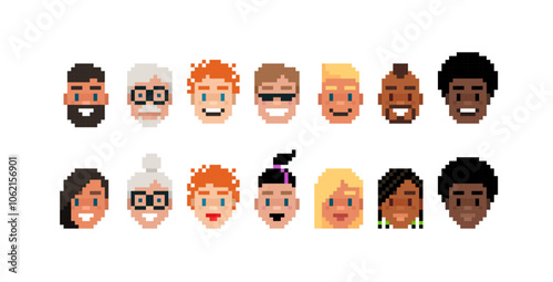 8-bit Game pixel avatar heads.  Game character skin collection. International male or female avatar heads  set. Funny pixel faces in retro game style. Editable pixel vector graphics