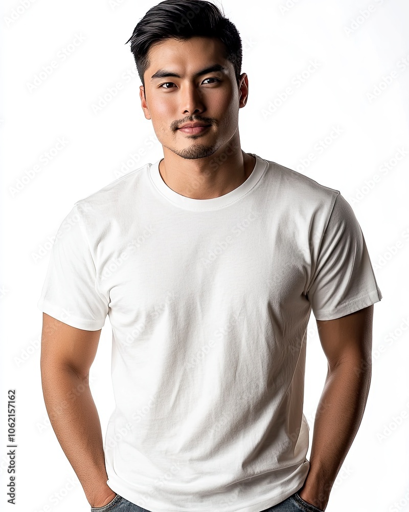 A premium photoshoot with a premium white background of a 25-year-old 6 ft. well-built physique white Asian male model ,generative ai