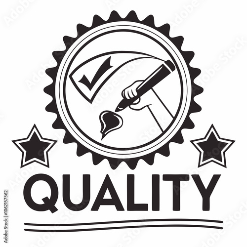 A stylized seal or badge with a tick mark in the center. The tick mark is surrounded by a circular design with jagged edges. Below the seal, the word 'QUALITY' is written in bold, capital letters.