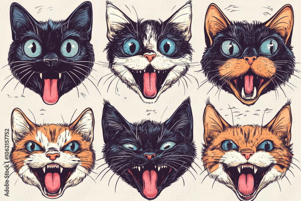 Six crazy cats showing tongue and teeth