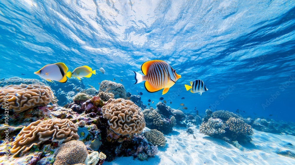 Fototapeta premium Background image of coral reef with tropical fish. Blue background image of underwater sea life.