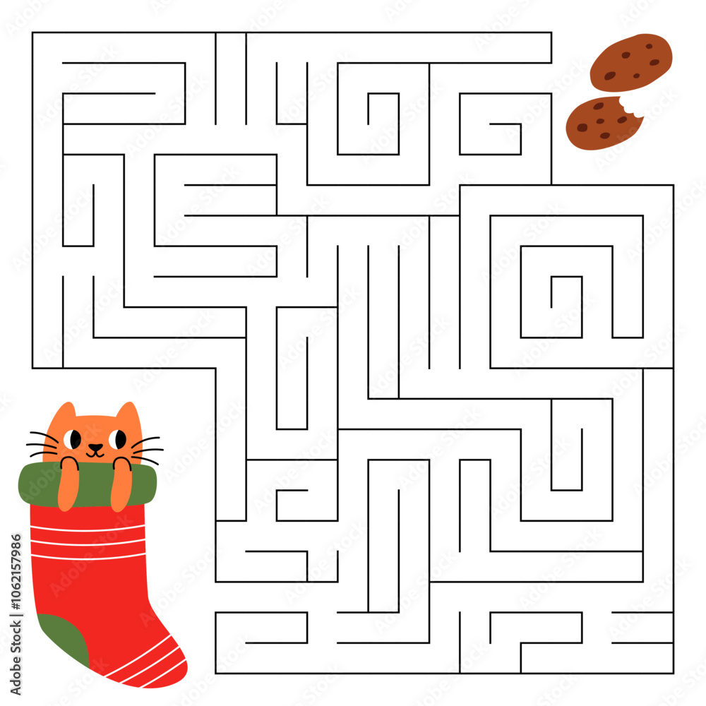Christmas maze game for kids. Cute cat looking for a way to the cookie. Printable worksheet with solution for school and preschool. Vector cartoon illustration.