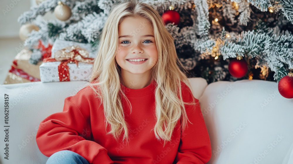 Cheerful girl in red sweater poses by decorated Christmas tree in cozy room Cheerful girl in red sweater poses by decorated Christmas tree in cozy room