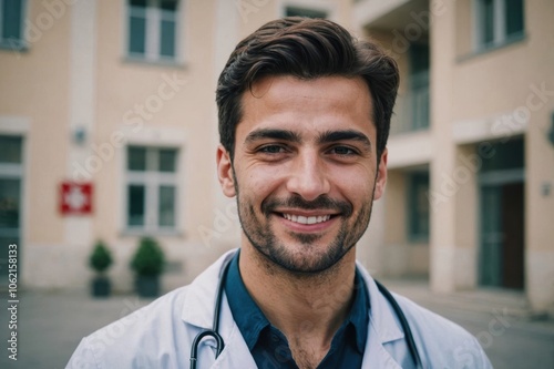 Close portrait of a smiling young Albanian man doctor looking at the camera, Albanian hospital blurred background