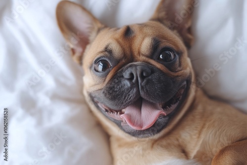 Happy french bulldog puppy relaxing on white bed sheets