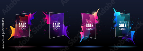 Vector illustration. Modern art graphic. Dynamic frame set with paint splash and halftone dots. 3d flowing gradient colorful wave. Element for design event invitation, gift card, flyer, cover, voucher