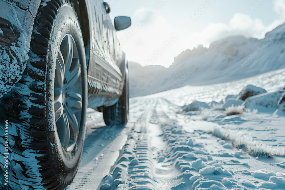 Closeup of car tires in sunny winter day by road among snowy mountain, low view Closeup of car tires in sunny winter day by road among snowy mountain, low view