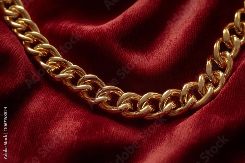 Gold chain necklace resting on red velvet fabric