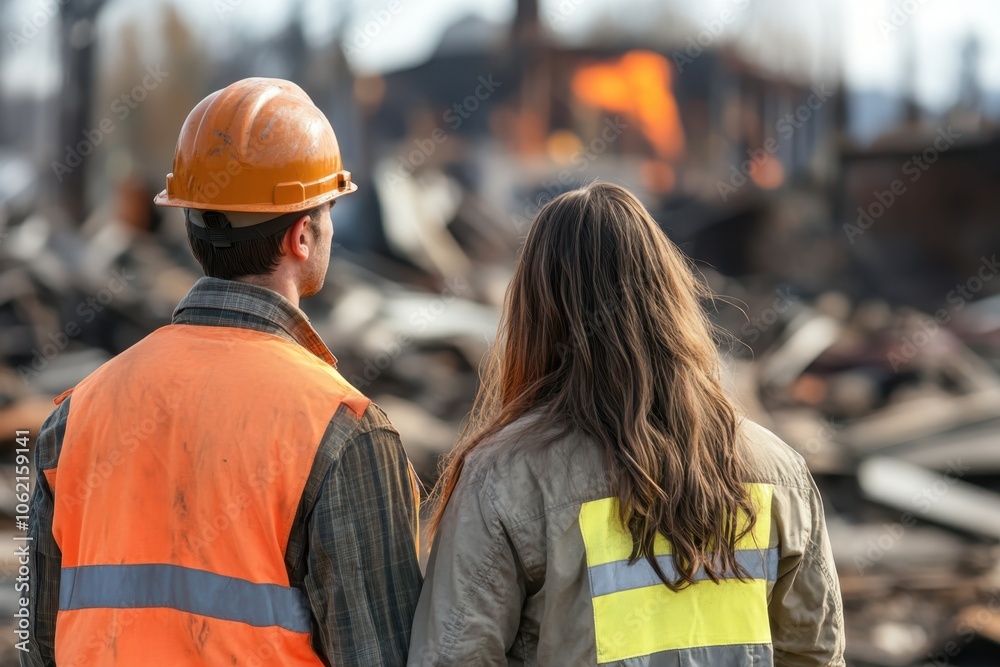 Workers assess damage at a fire scene in an industrial area during the day Workers assess damage at a fire scene in an industrial area during the day