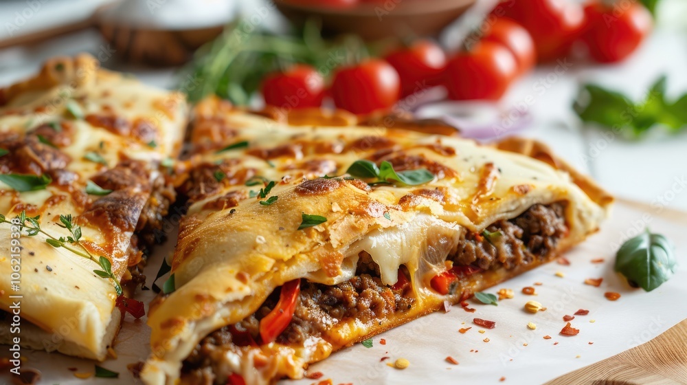 Folded calzone pizza with meat, veggies, and cheese on white surface Folded calzone pizza with meat, veggies, and cheese on white surface