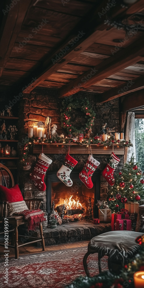 A cozy Christmas fireplace, adorned with twinkling lights, flickering candles, and festive stockings, creates an enchanting holiday atmosphere A cozy Christmas fireplace, adorned with twinkling lights, flickering candles, and festive stockings, creates an enchanting holiday atmosphere
