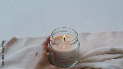 candles burning soy way candle in an amber glass jar cream colored tea light. Minimalist loft home interior design of modern living room.