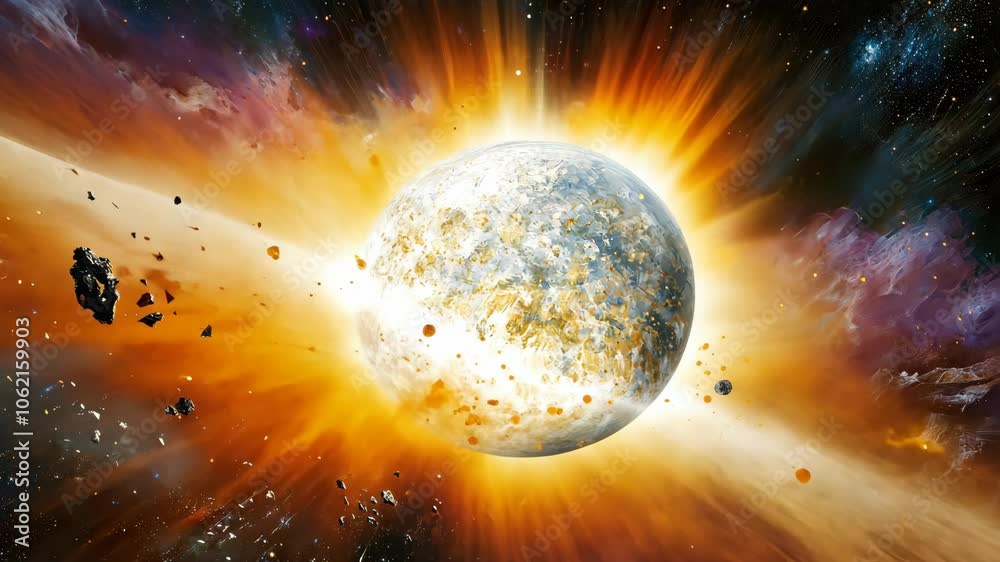 A large asteroid impacts a planet, causing a massive explosion and sending debris flying through space