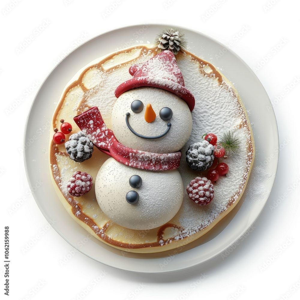 Fototapeta premium Snowman pancake art with berries and powdered sugar.