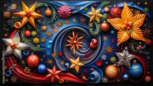 Wallpaper Mural vibrant and artistic Christmas card featuring colorful collage of flowers, stars, and ornaments, creating festive and joyful atmosphere Torontodigital.ca