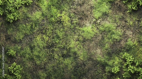 Lush green moss and foliage on a textured surface.