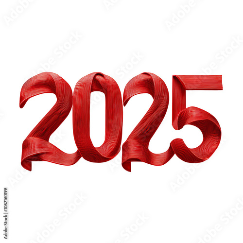 Numbers 2025 made of red ribbon. Transparent background image.