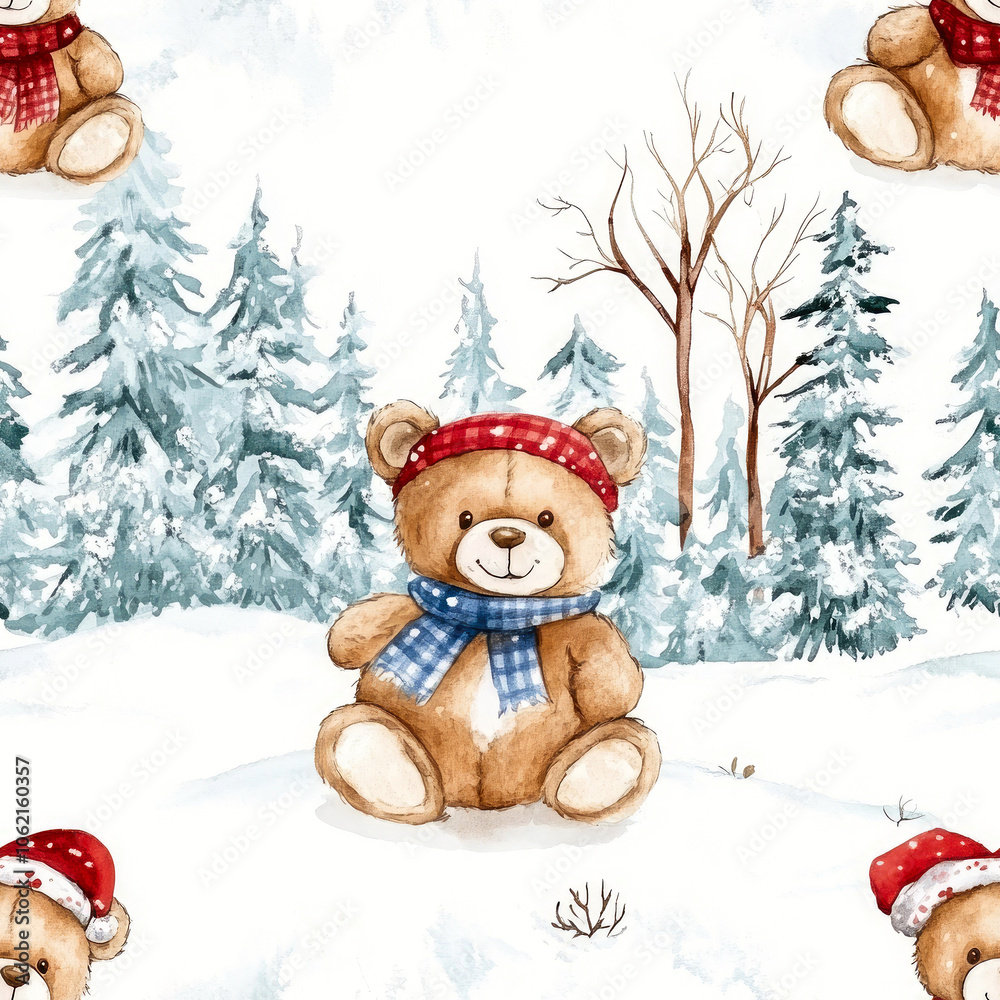 Cute bears in scarves in winter forest, white background, watercolor drawing, seamless. Cute bears in scarves in winter forest, white background, watercolor drawing, seamless.