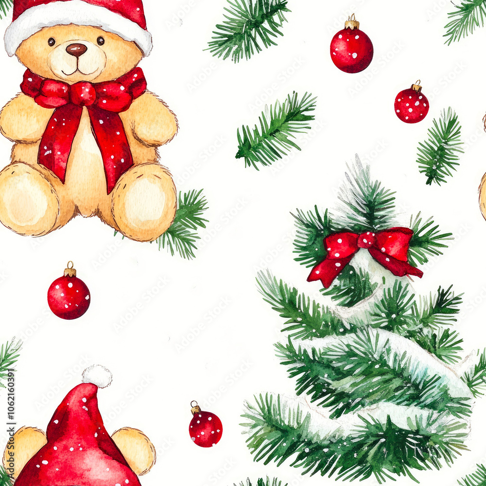 Cute bears in scarves and Christmas trees on a white background, watercolor drawing, seamless. Cute bears in scarves and Christmas trees on a white background, watercolor drawing, seamless.