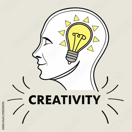 A side profile of a human head with a light bulb inside. The light bulb symbolizes an idea or creativity. Below the illustration, the word 'CREATIVITY' is written in bold, black letters.