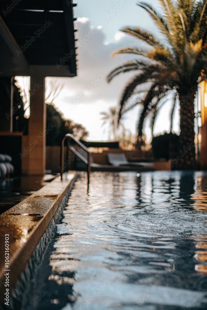 Obraz premium Luxury Poolside with Palm Trees at Sunset