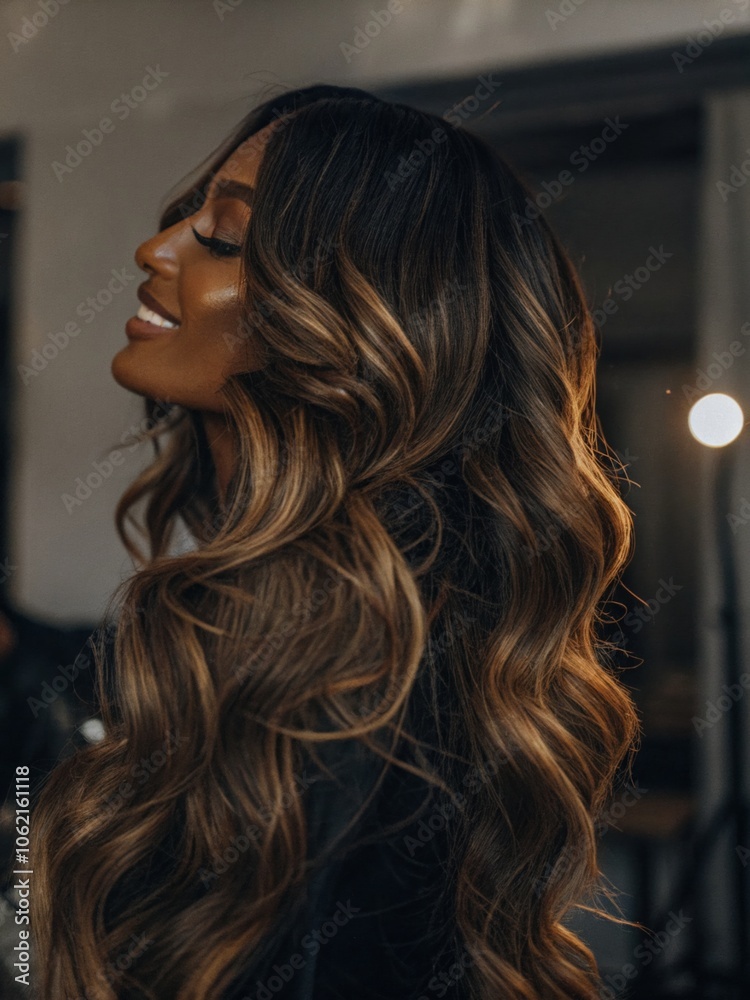 Woman Smiling with Long Wavy Hair Woman Smiling with Long Wavy Hair