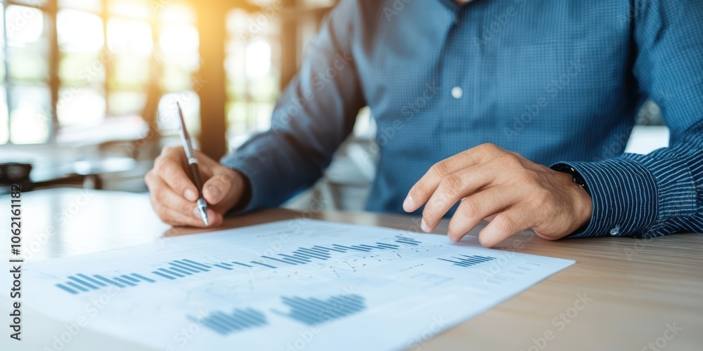 Person analyzing data on a document with a pen in hand. Person analyzing data on a document with a pen in hand.