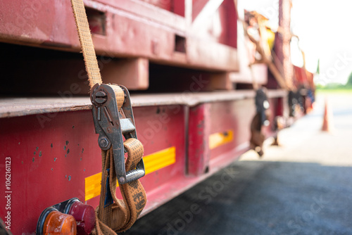 Εκτύπωση καμβά Close-up at locking device of safety latching strap that using for secure equipment or heavy object that transport on trailer truck