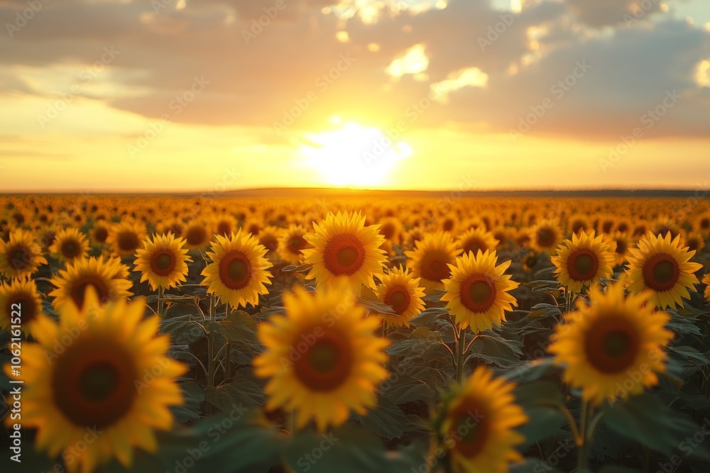 Obraz premium Sunflowers blooming in a field at sunset creating a scenic landscape