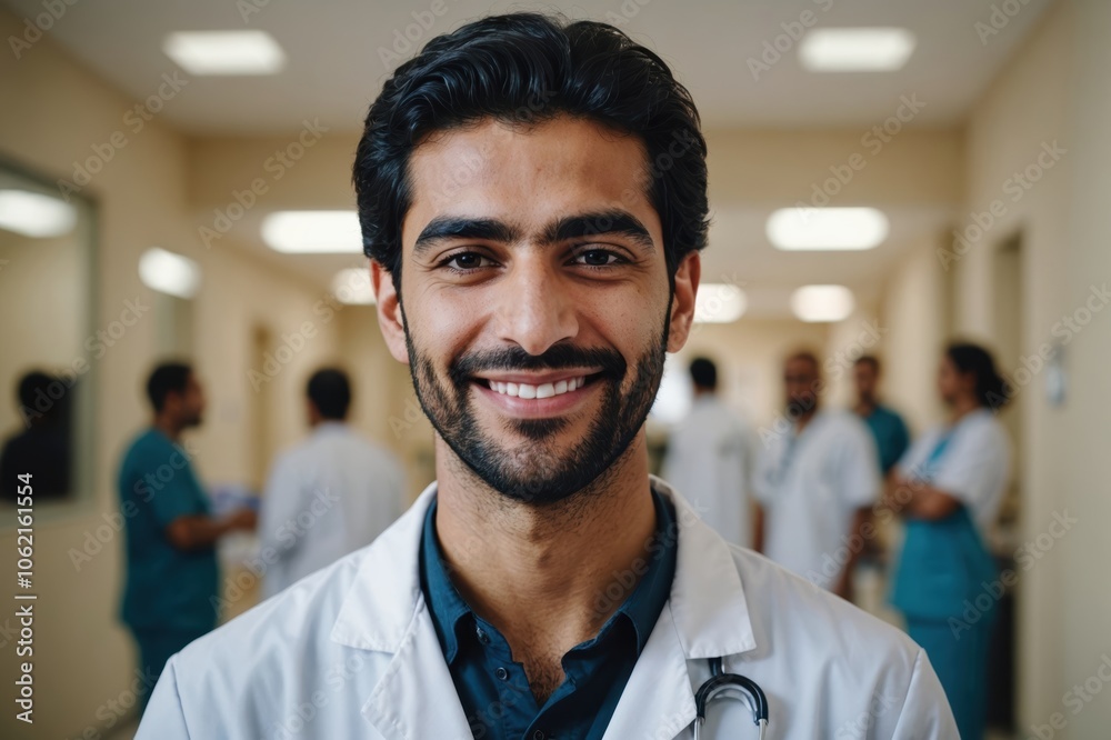 Close portrait of a smiling young Bahraini man doctor looking at the camera, Bahraini hospital blurred background Close portrait of a smiling young Bahraini man doctor looking at the camera, Bahraini hospital blurred background