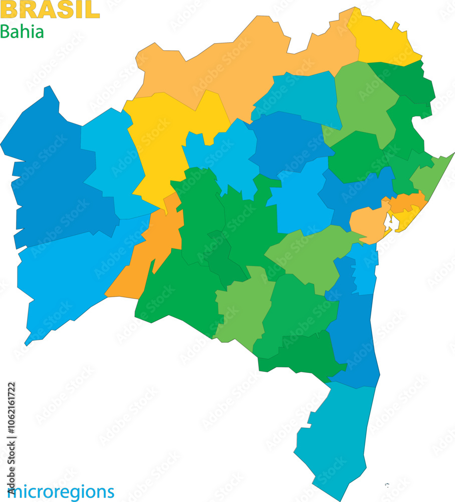 Obraz premium Map of the territory of the state of Bahia with divisions by highlighted microregions, vector with simple lines of political divisions