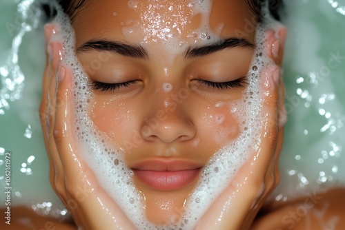 Close-up of a young woman washing her face, surrounded by rich foam, with eyes closed for a moment of serene relaxation.