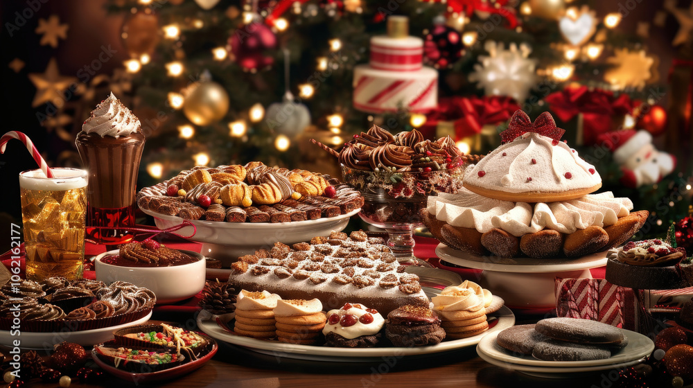 festive Christmas buffet table filled with array of delicious cookies, cakes, and desserts, beautifully arranged against backdrop of twinkling lights and holiday decorations festive Christmas buffet table filled with array of delicious cookies, cakes, and desserts, beautifully arranged against backdrop of twinkling lights and holiday decorations