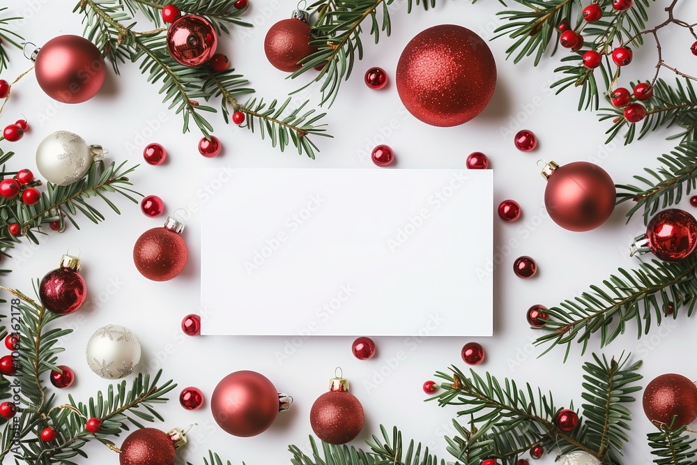Blank mockup Christmas card with copy space for text on beautiful festive Christmas background with pine and fir branches. Elegant and stylish white holiday card mock-up template Blank mockup Christmas card with copy space for text on beautiful festive Christmas background with pine and fir branches. Elegant and stylish white holiday card mock-up template