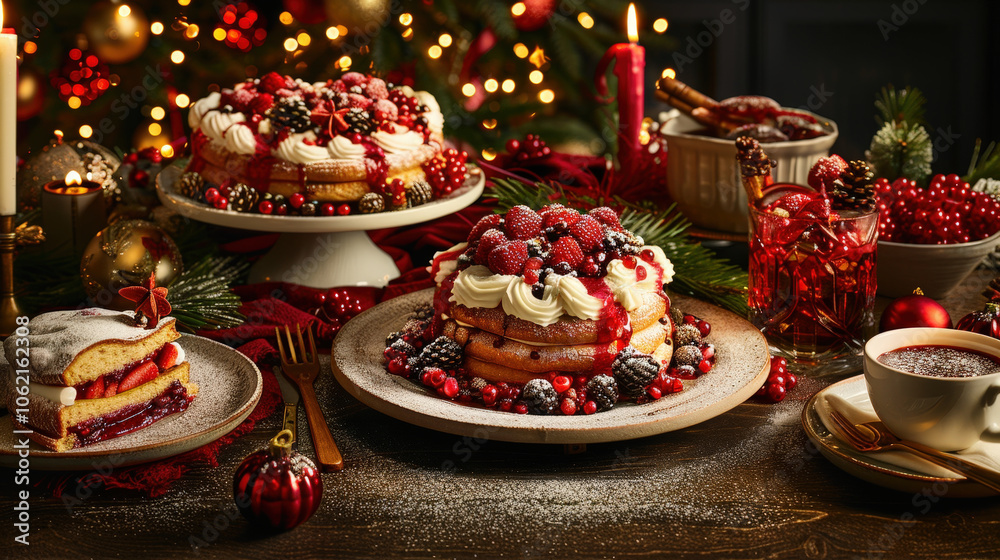 Indulge in festive Christmas buffet table adorned with delicious cakes, fresh berries, and elegant decorations, creating warm and inviting atmosphere Indulge in festive Christmas buffet table adorned with delicious cakes, fresh berries, and elegant decorations, creating warm and inviting atmosphere