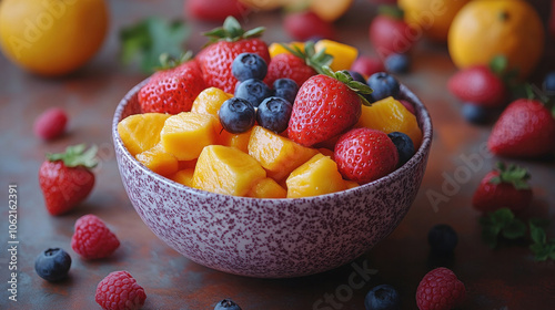 fresh bowl of tropical fruits, vibrant and colorful, symbolizing healthy eating photo