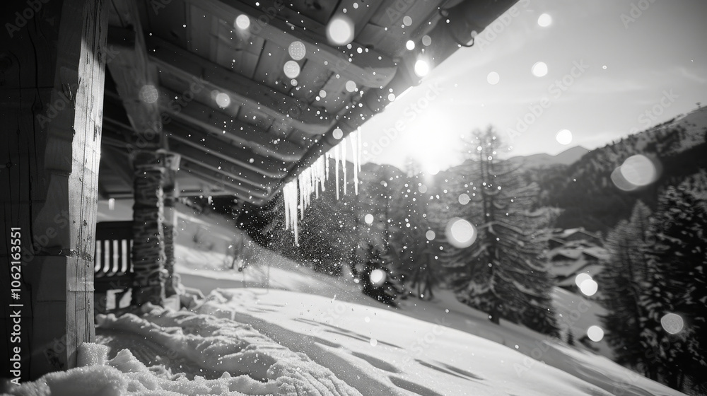 Fototapeta premium serene winter scene featuring icicles hanging from snow covered roof, with sunlight glistening through falling snowflakes. tranquil atmosphere evokes sense of peace and beauty in nature