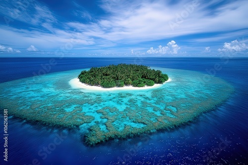 Aerial view of a coral atoll in vibrant blue waters, featuring a lush tropical island surrounded by turquoise reefs