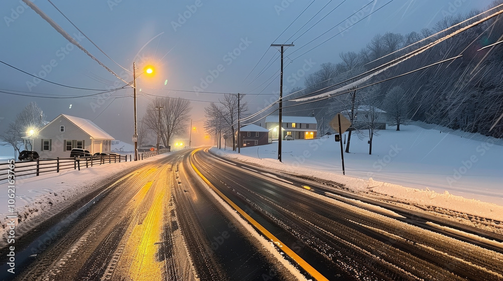 serene winter scene captures snowy road winding through small town, illuminated by streetlights. gentle snowfall adds peaceful ambiance to landscape serene winter scene captures snowy road winding through small town, illuminated by streetlights. gentle snowfall adds peaceful ambiance to landscape