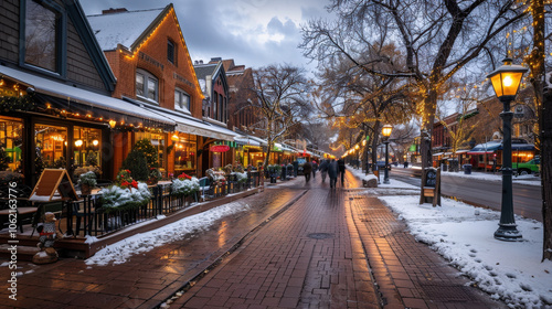 Fototapeta Naklejka Na Ścianę i Meble -  peaceful small town street adorned with festive lights and snow gently falling, creating cozy winter atmosphere. People stroll along charming shops and cafes